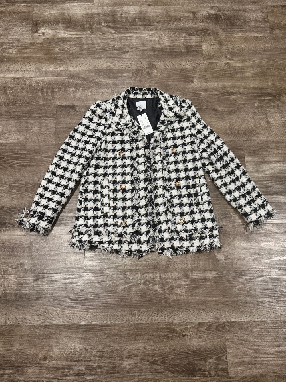 A Loves A Wool Blend Womens Tweed Wool Blend Black and White Fringe Jacket